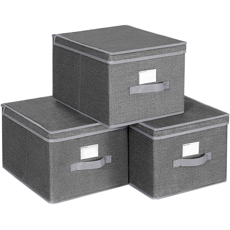 Songmics set of 3 foldable storage boxes with lids, fabric cubes with label holders, storage